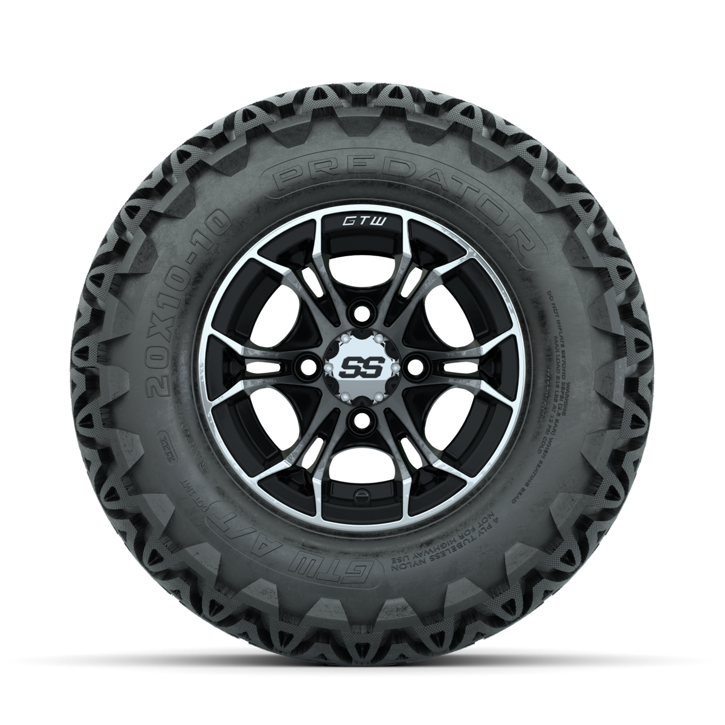 GTW Spyder Machined/Black 10 in Wheels with 20x10-10 Predator All Terrain Tires Full Set