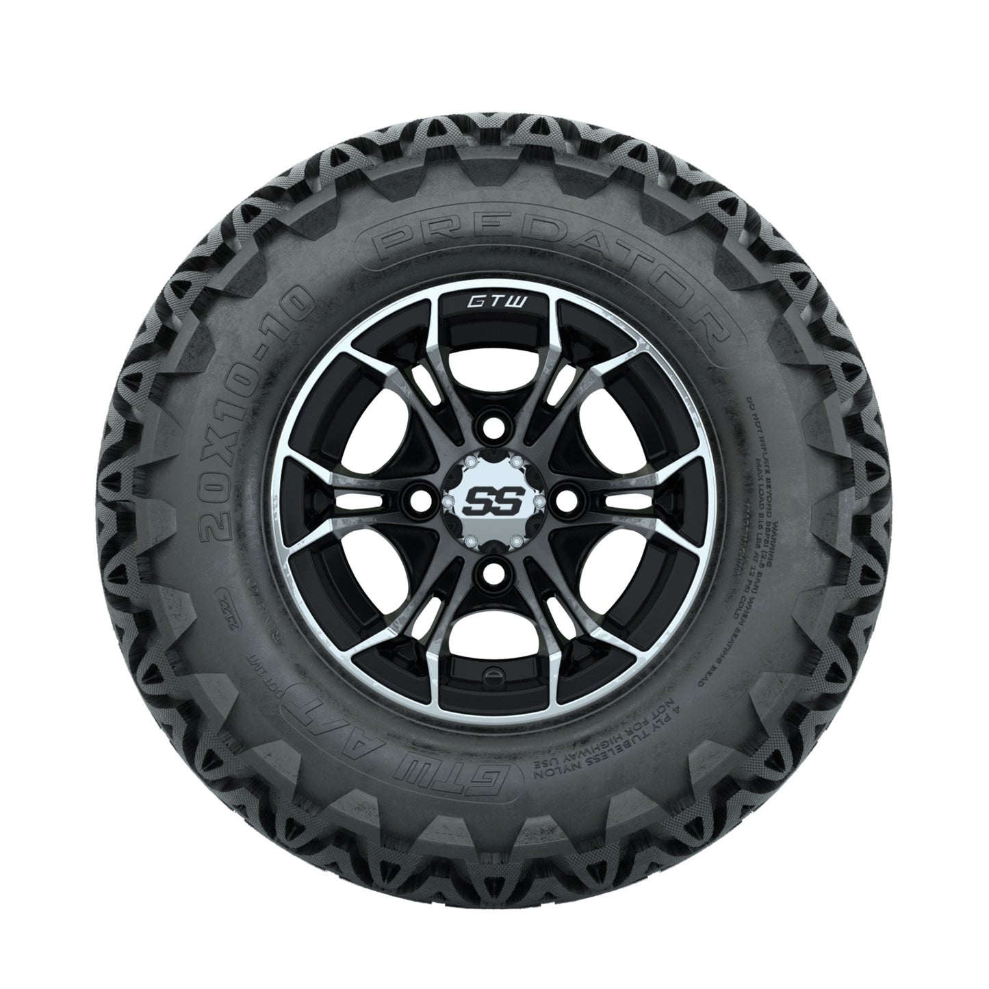 GTW Spyder Machined/Black 10 in Wheels with 20x10-10 Predator All Terrain Tires Full Set