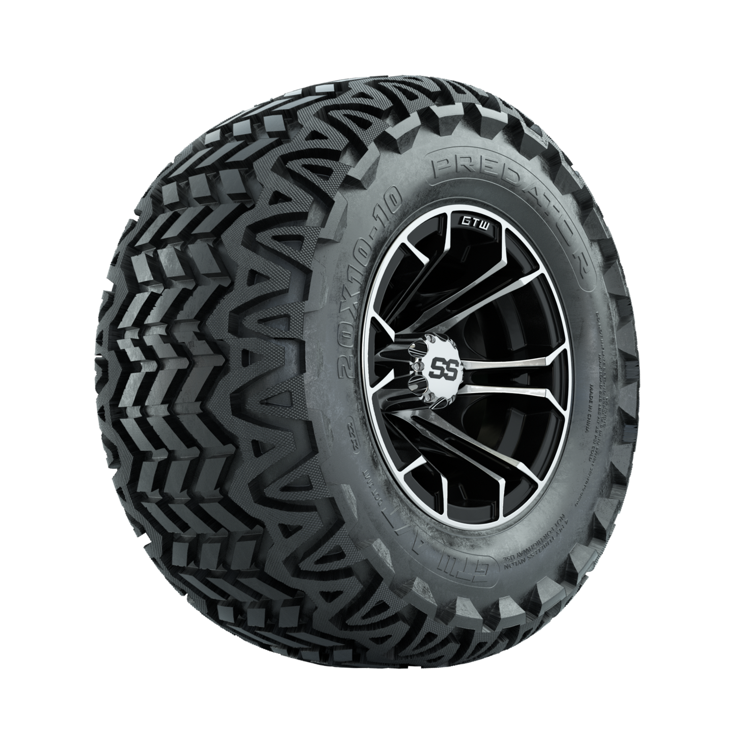 GTW Spyder Machined/Black 10 in Wheels with 20x10-10 Predator All Terrain Tires Full Set