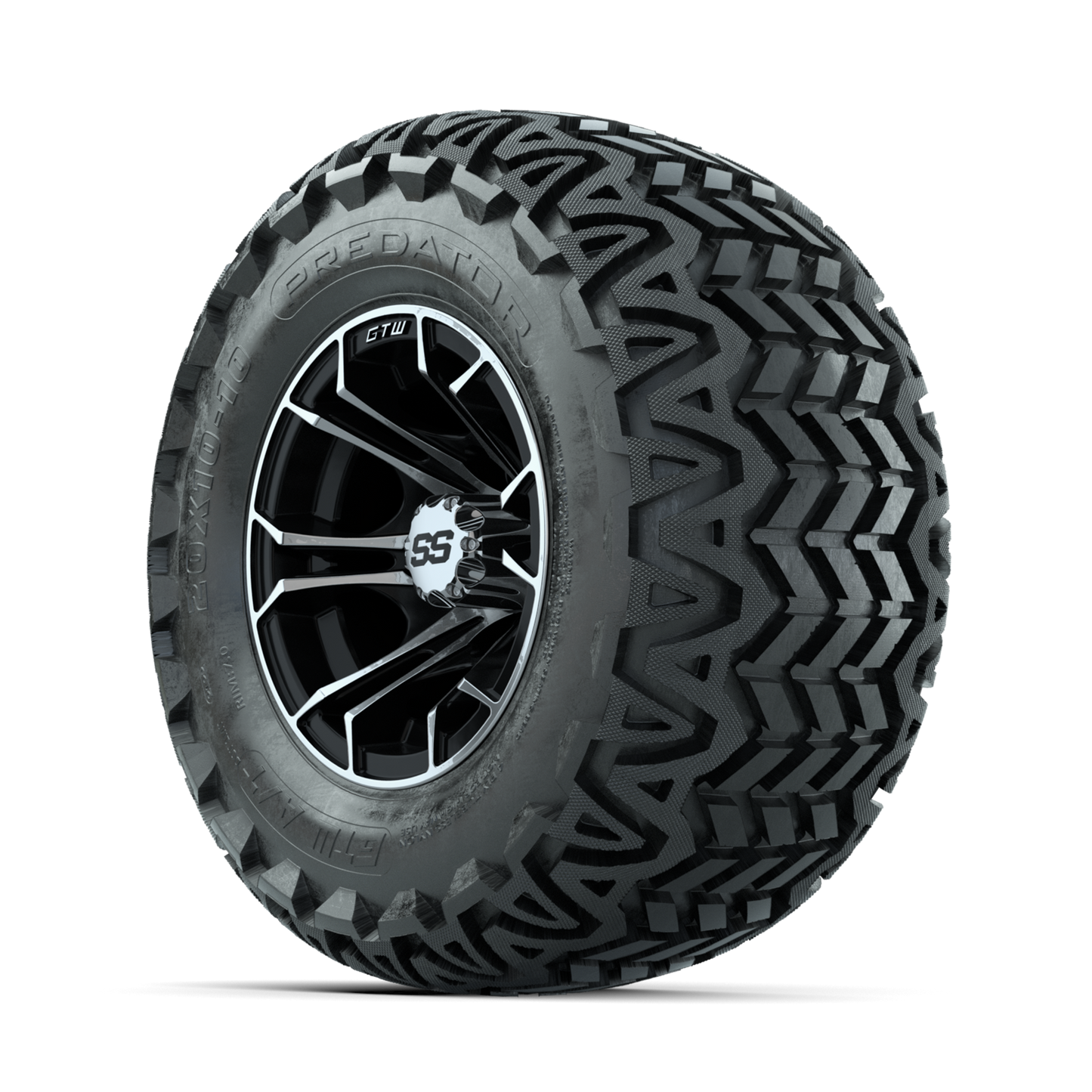 GTW Spyder Machined/Black 10 in Wheels with 20x10-10 Predator All Terrain Tires Full Set