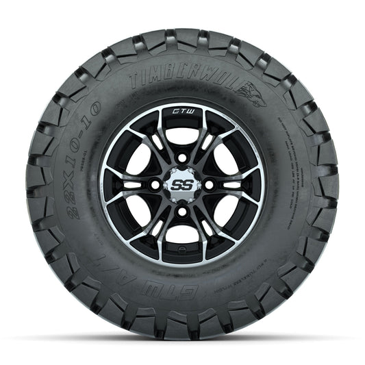 GTW Spyder Machined/Black 10 in Wheels with 22x10-10 Timberwolf All Terrain Tires Full Set