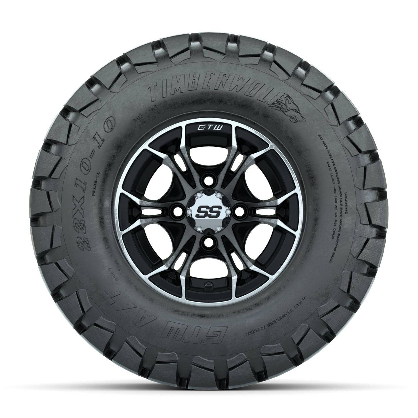 GTW Spyder Machined/Black 10 in Wheels with 22x10-10 Timberwolf All Terrain Tires Full Set