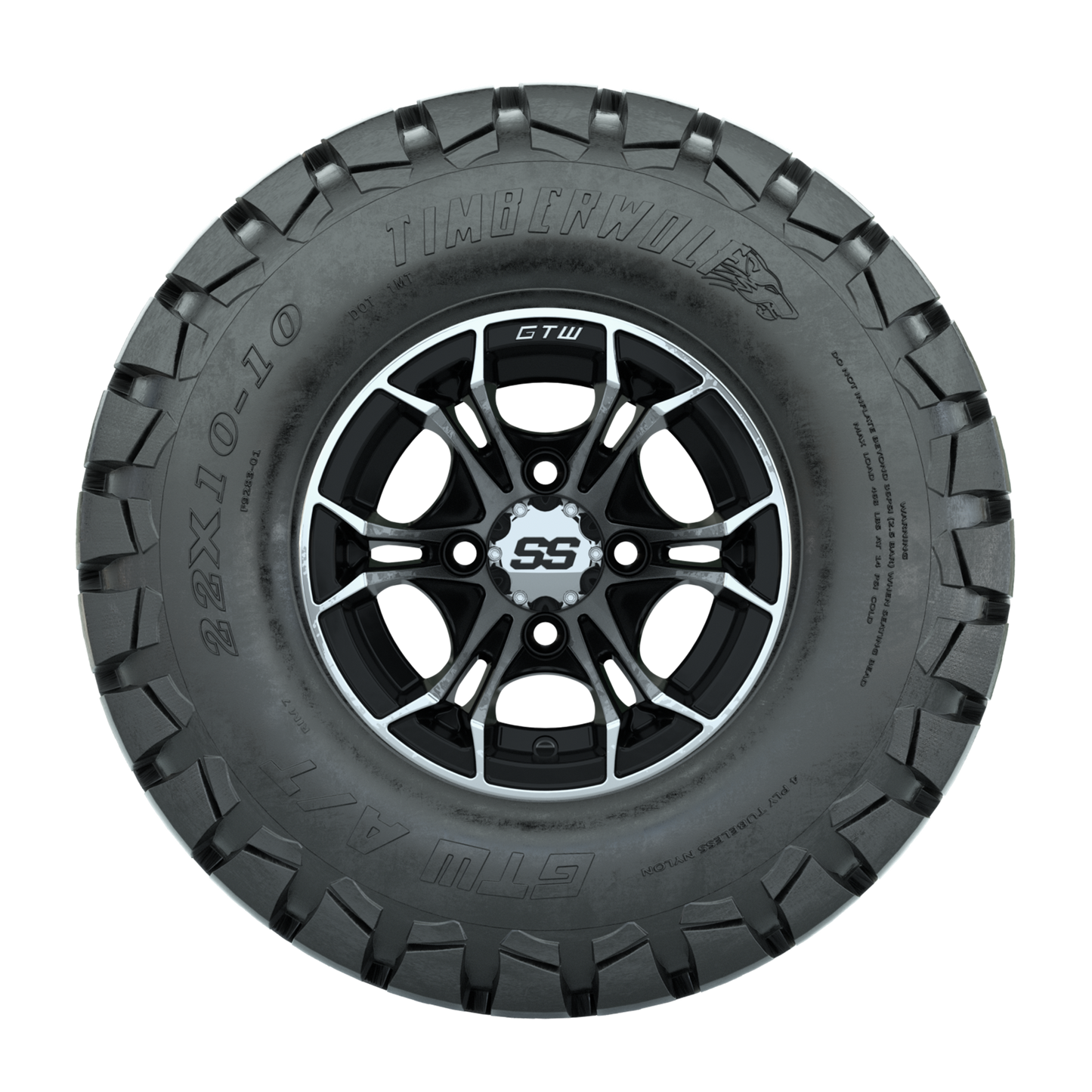 GTW Spyder Machined/Black 10 in Wheels with 22x10-10 Timberwolf All Terrain Tires Full Set