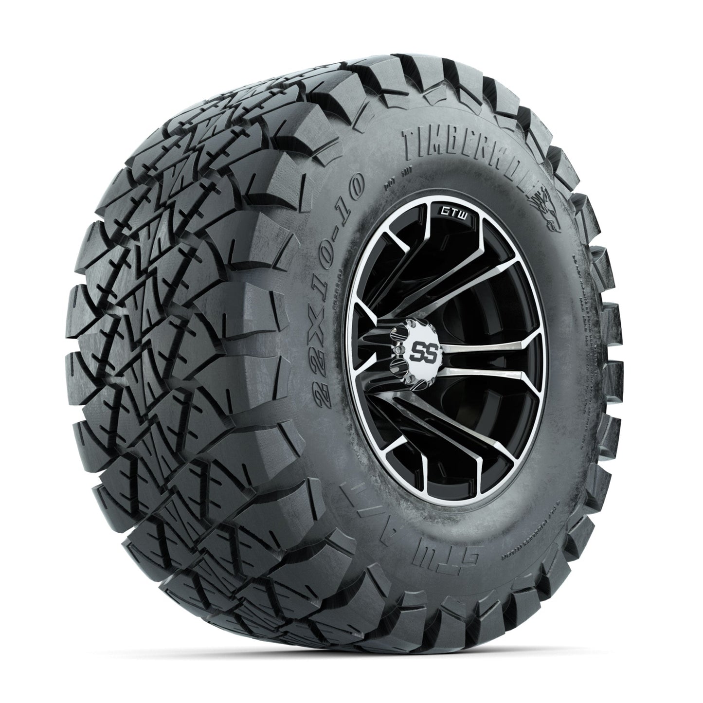 GTW Spyder Machined/Black 10 in Wheels with 22x10-10 Timberwolf All Terrain Tires Full Set