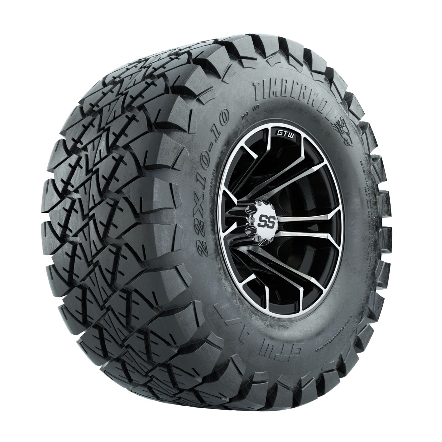 GTW Spyder Machined/Black 10 in Wheels with 22x10-10 Timberwolf All Terrain Tires Full Set