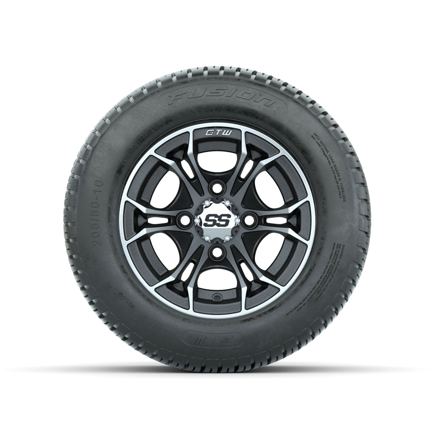GTW Spyder Machined/Matte Grey 10 in Wheels with 205/50-10 Fusion Street Tires Full Set