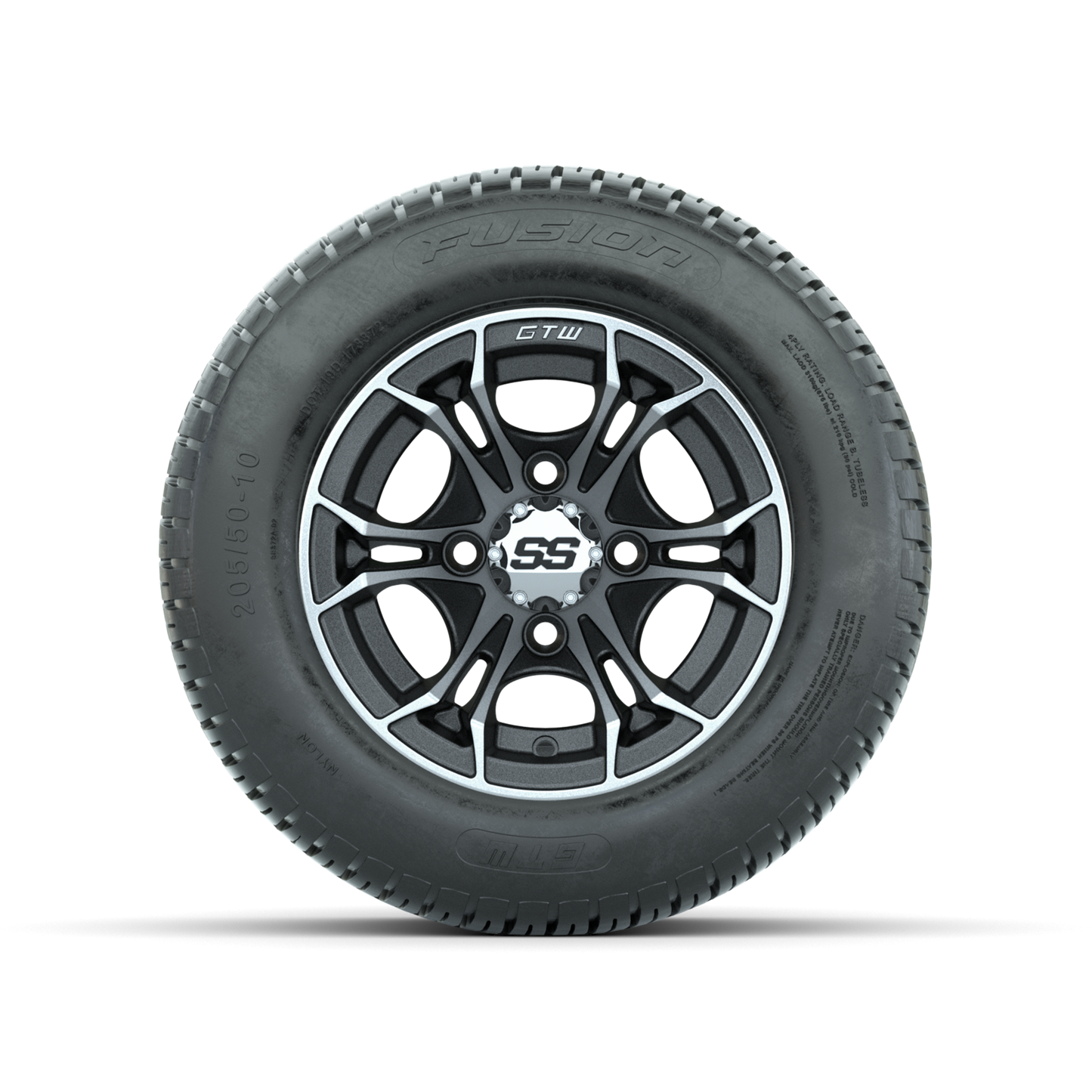 GTW Spyder Machined/Matte Grey 10 in Wheels with 205/50-10 Fusion Street Tires Full Set
