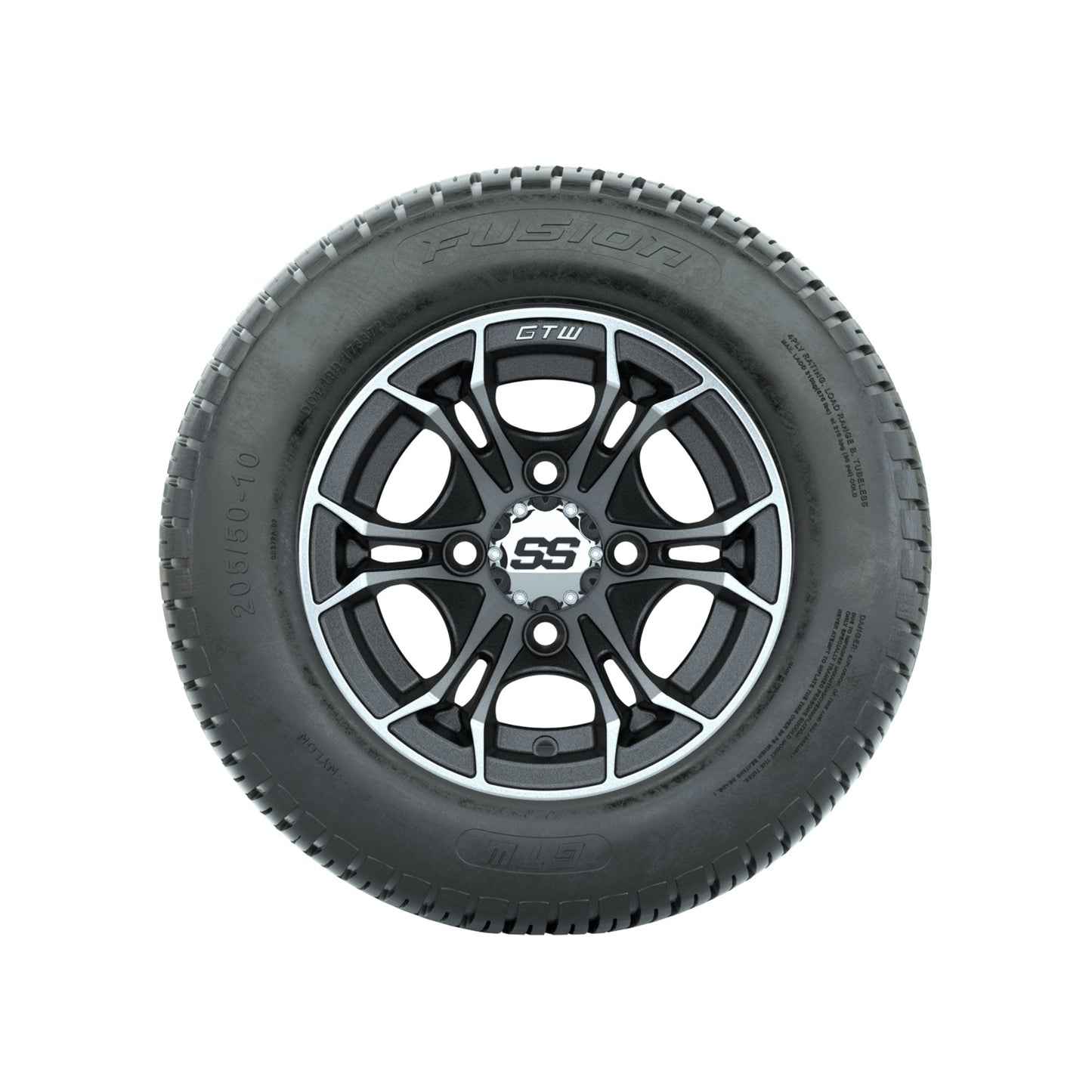 GTW Spyder Machined/Matte Grey 10 in Wheels with 205/50-10 Fusion Street Tires Full Set