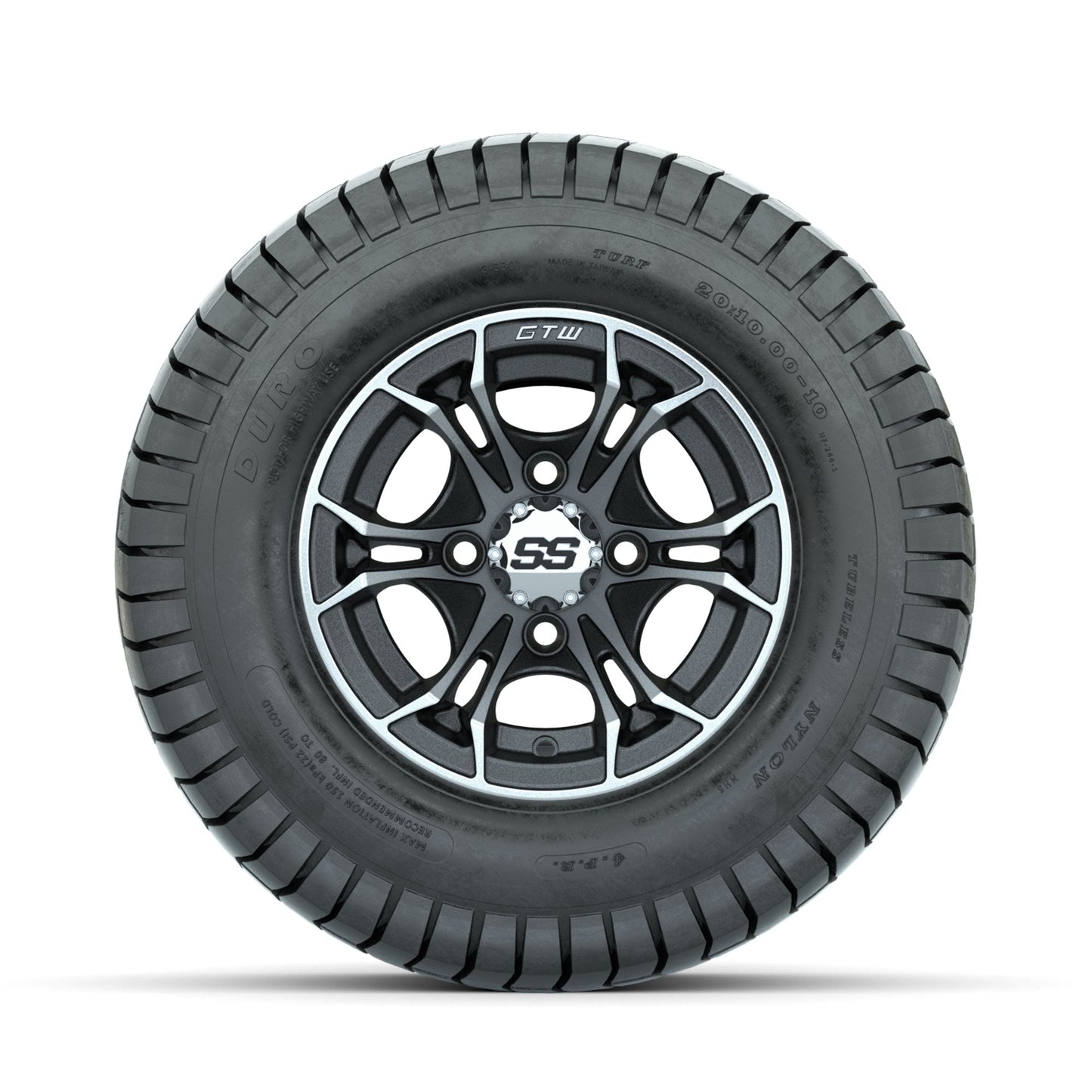 GTW Spyder Machined/Matte Grey 10 in Wheels with 20x10-10 Duro Soft Street Tires Full Set