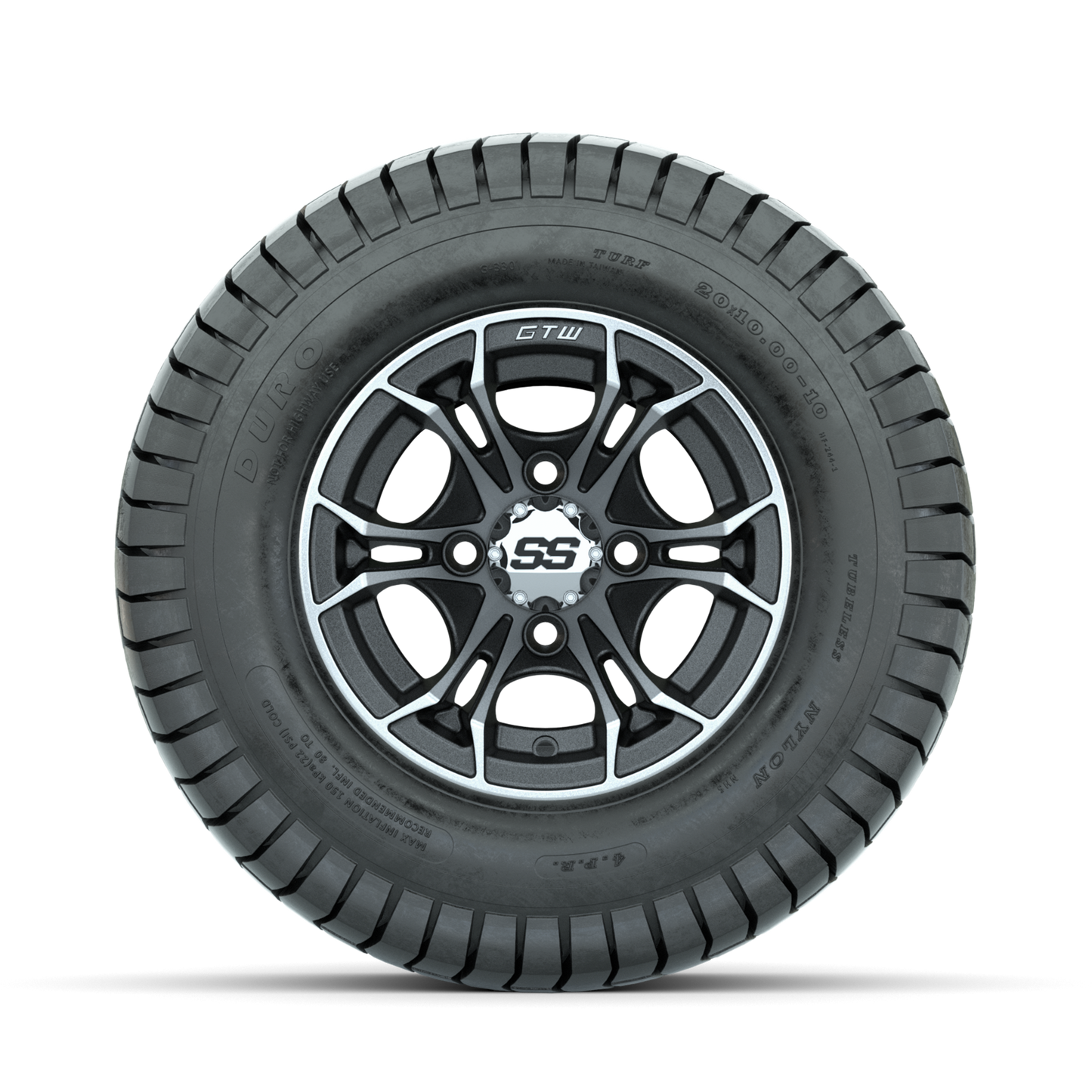 GTW Spyder Machined/Matte Grey 10 in Wheels with 20x10-10 Duro Soft Street Tires Full Set