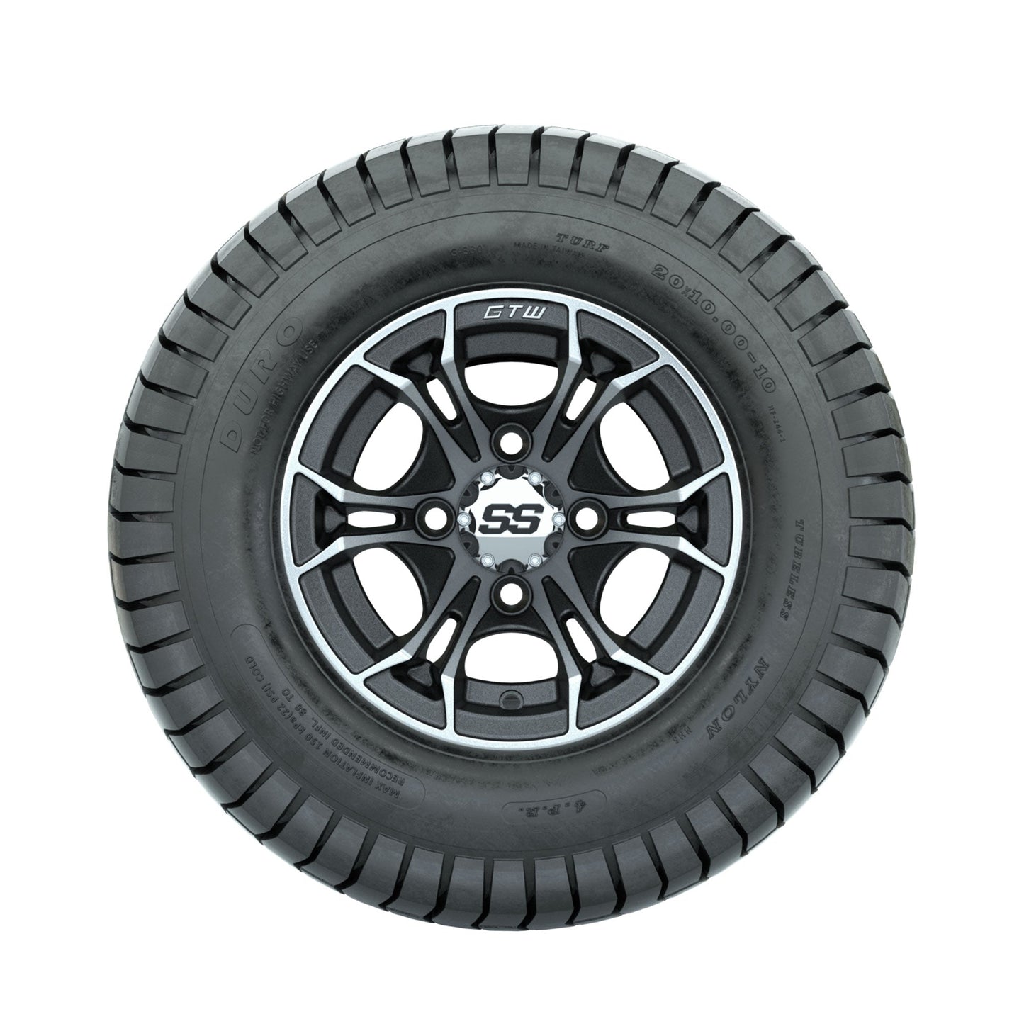 GTW Spyder Machined/Matte Grey 10 in Wheels with 20x10-10 Duro Soft Street Tires Full Set