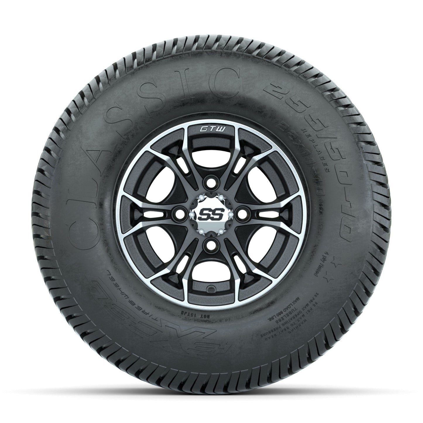 GTW Spyder Machined/Matte Grey 10 in Wheels with 22x11-10 Excel Classic Street Tires Full Set