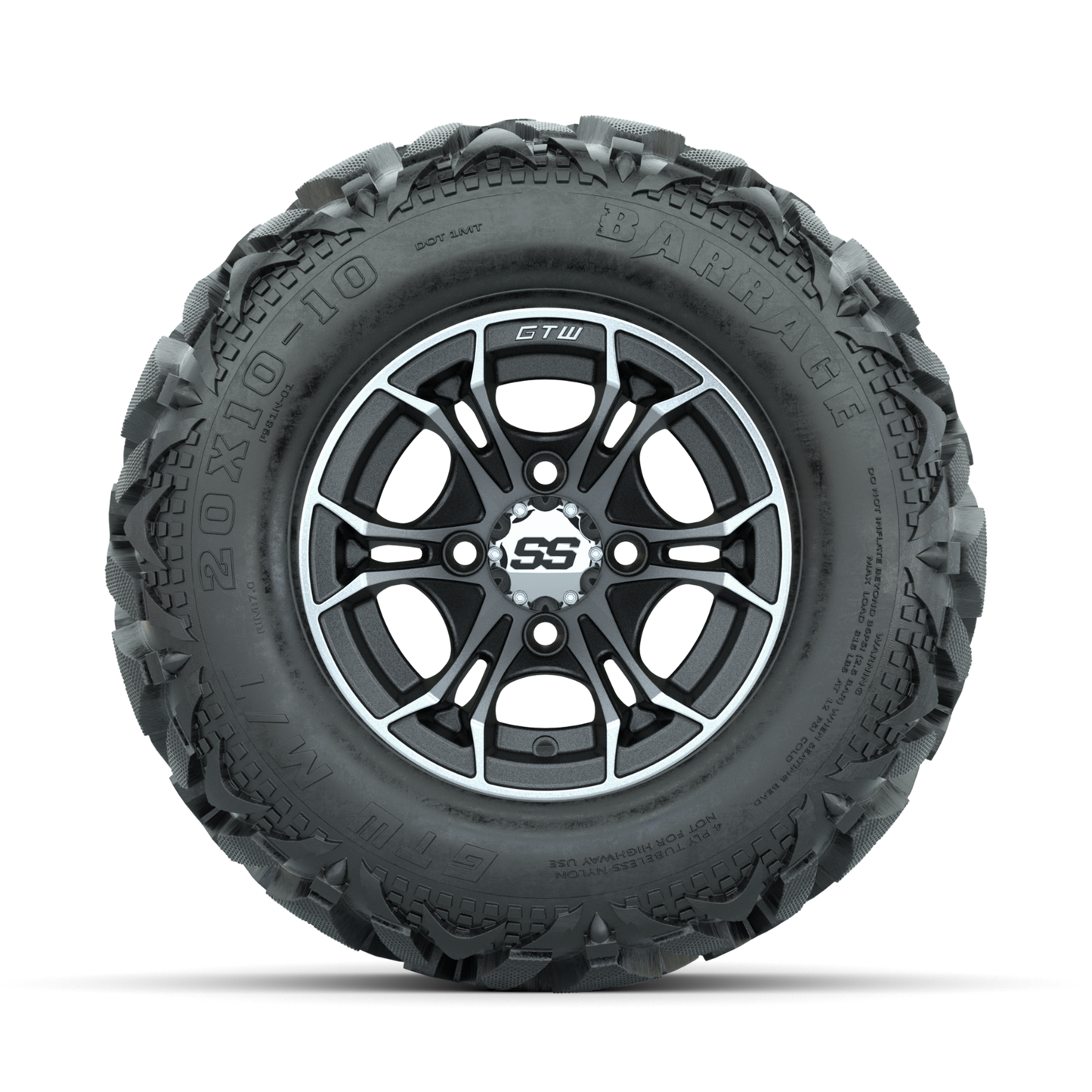 GTW Spyder Machined/Matte Grey 10 in Wheels with 20x10-10 Barrage Mud Tires Full Set