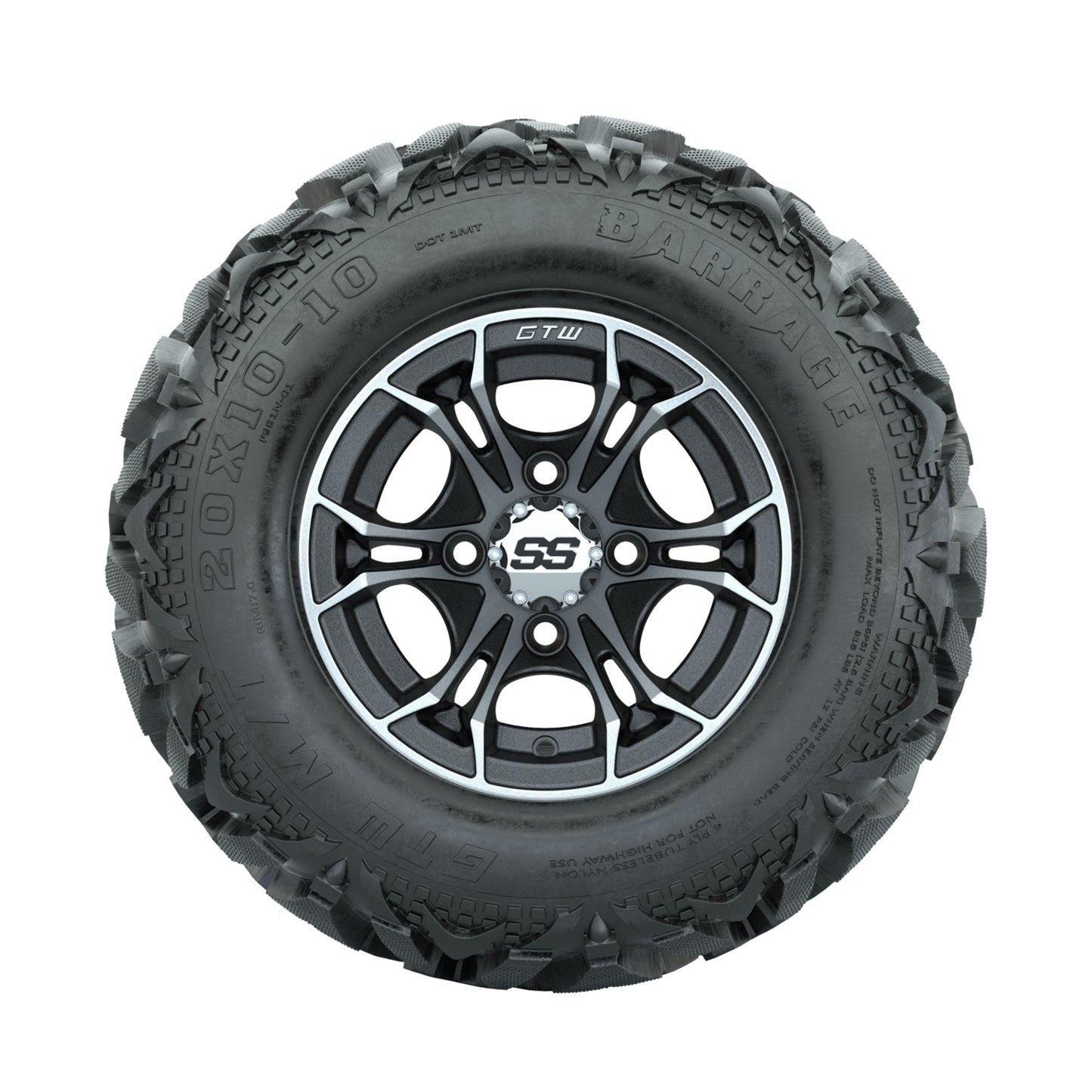 GTW Spyder Machined/Matte Grey 10 in Wheels with 20x10-10 Barrage Mud Tires Full Set