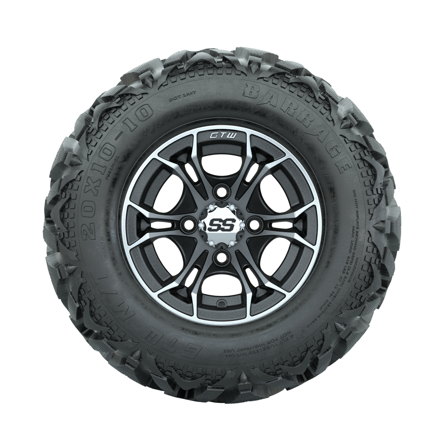 GTW Spyder Machined/Matte Grey 10 in Wheels with 20x10-10 Barrage Mud Tires Full Set