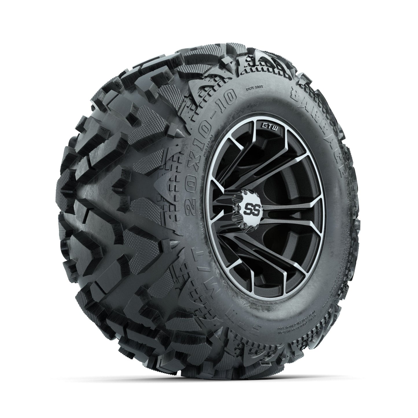 GTW Spyder Machined/Matte Grey 10 in Wheels with 20x10-10 Barrage Mud Tires Full Set