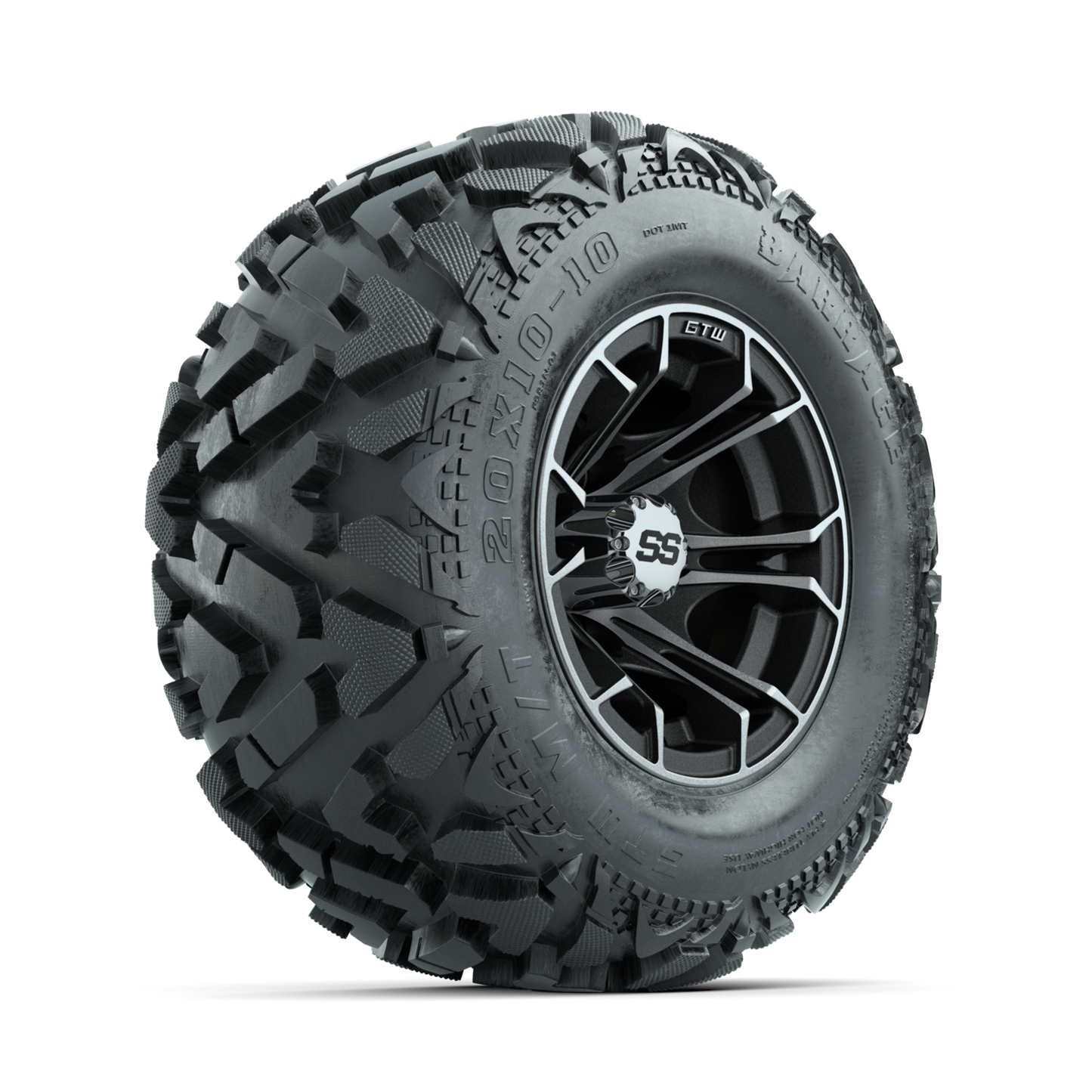GTW Spyder Machined/Matte Grey 10 in Wheels with 20x10-10 Barrage Mud Tires Full Set