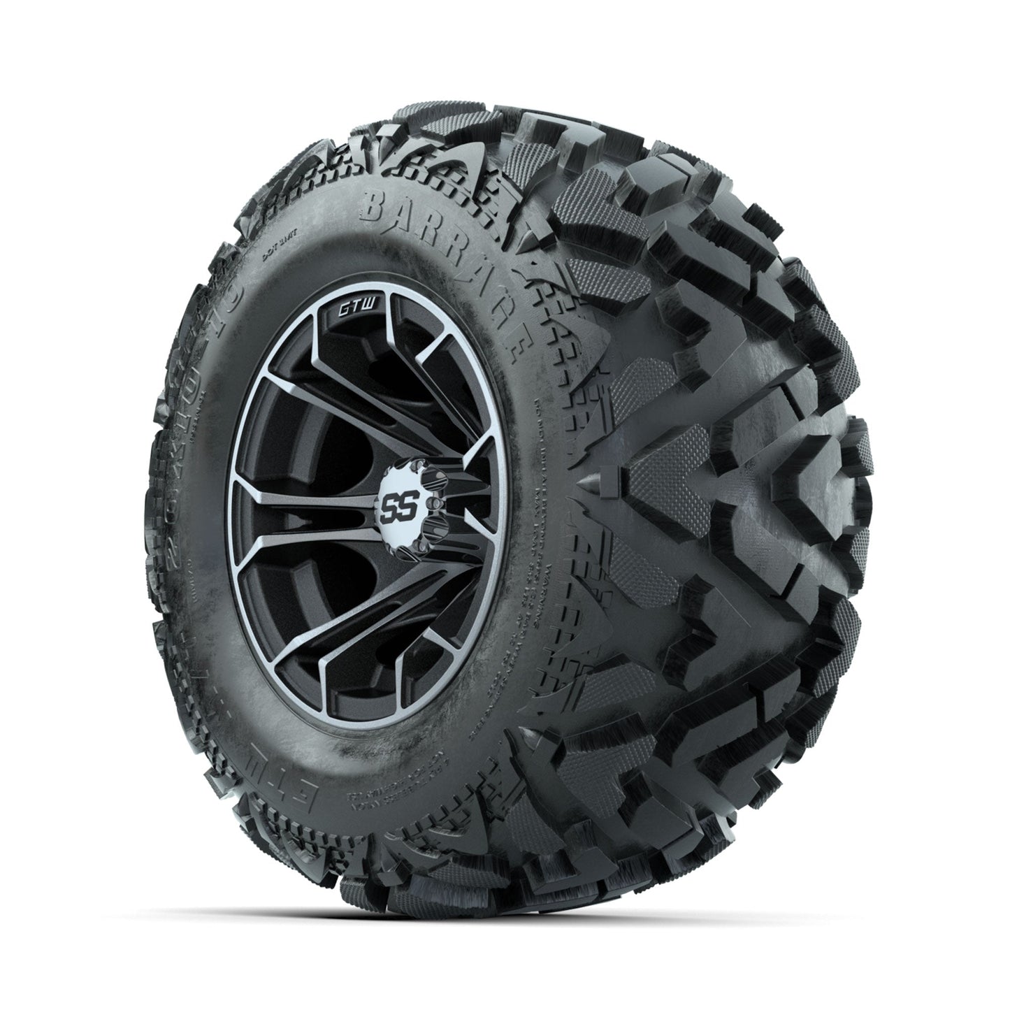 GTW Spyder Machined/Matte Grey 10 in Wheels with 20x10-10 Barrage Mud Tires Full Set