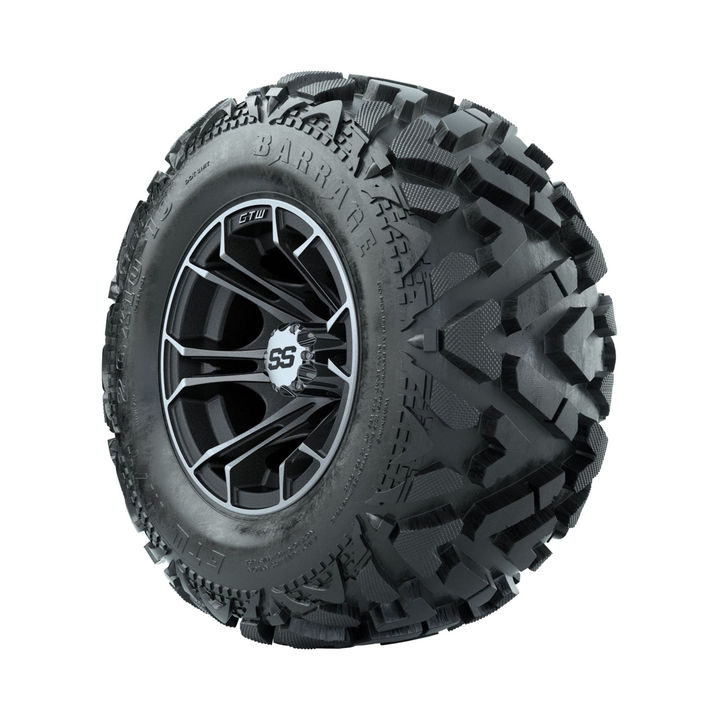 GTW Spyder Machined/Matte Grey 10 in Wheels with 20x10-10 Barrage Mud Tires Full Set
