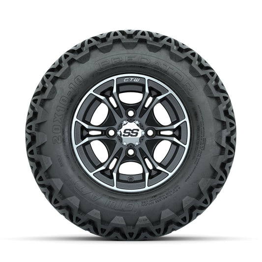 GTW Spyder Machined/Matte Grey 10 in Wheels with 20x10-10 Predator All Terrain Tires Full Set