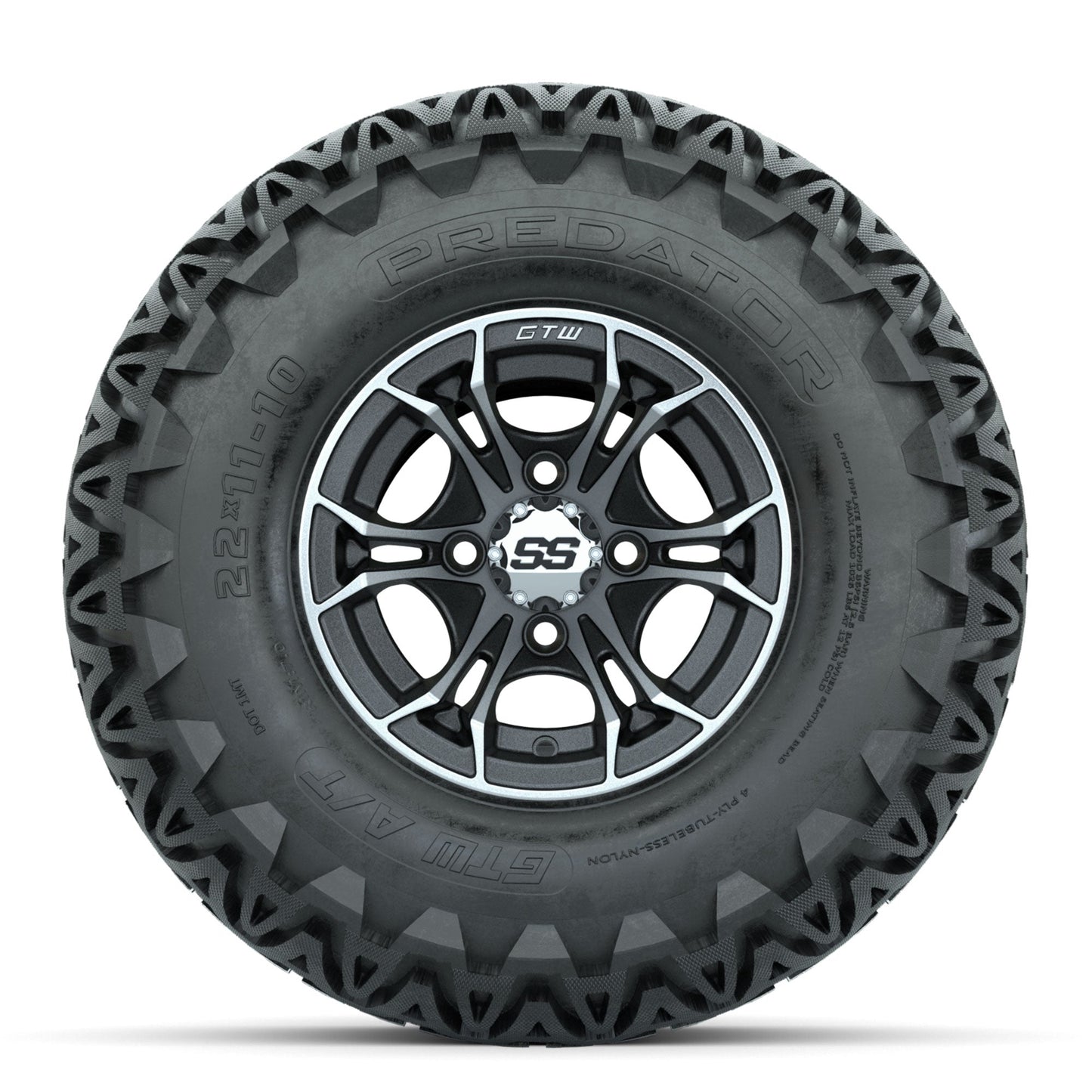 GTW Spyder Machined/Matte Grey 10 in Wheels with 22x11-10 Predator All Terrain Tires Full Set