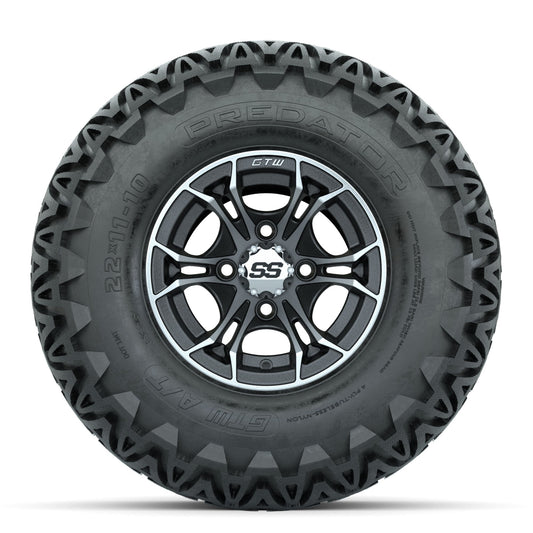 GTW Spyder Machined/Matte Grey 10 in Wheels with 22x11-10 Predator All Terrain Tires Full Set
