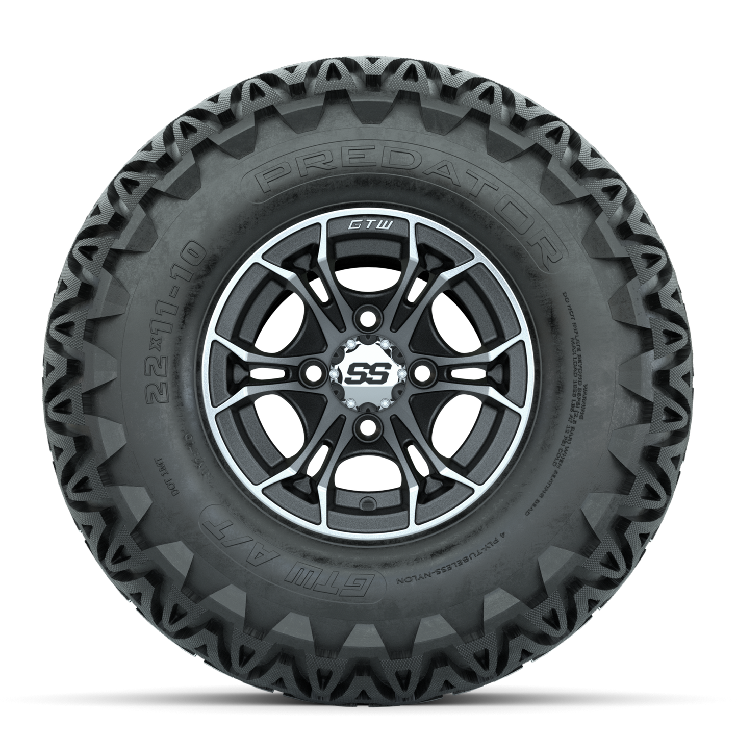 GTW Spyder Machined/Matte Grey 10 in Wheels with 22x11-10 Predator All Terrain Tires Full Set