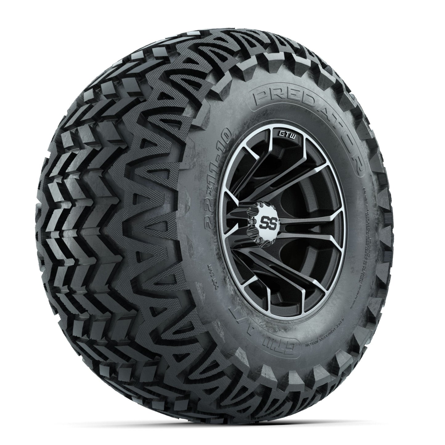 GTW Spyder Machined/Matte Grey 10 in Wheels with 22x11-10 Predator All Terrain Tires Full Set
