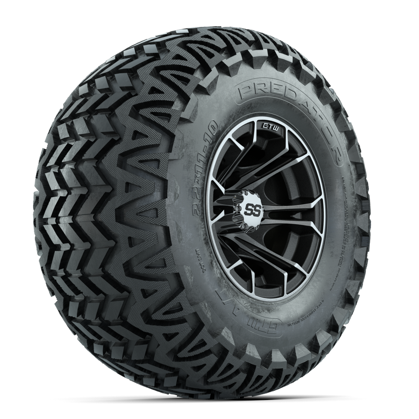 GTW Spyder Machined/Matte Grey 10 in Wheels with 22x11-10 Predator All Terrain Tires Full Set