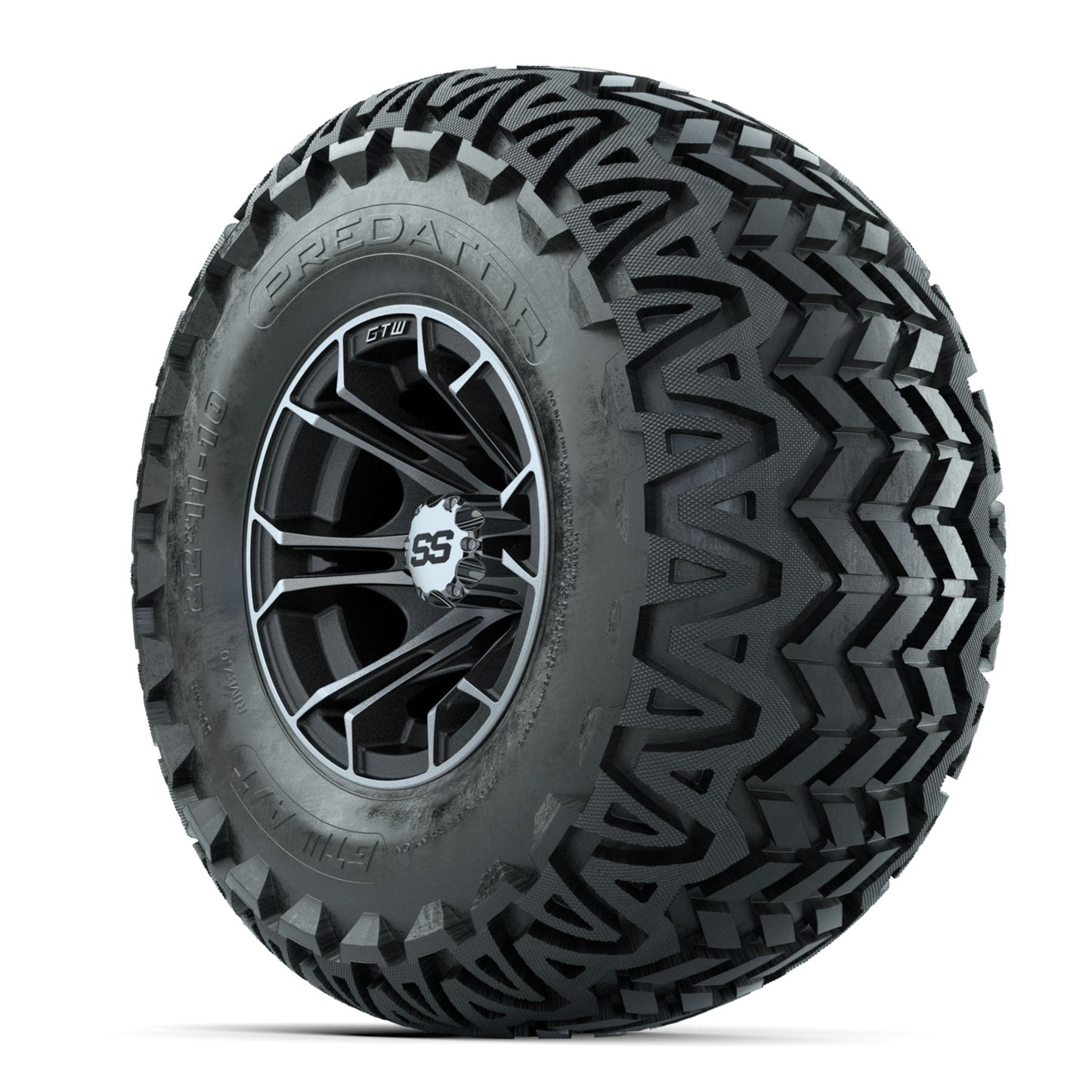 GTW Spyder Machined/Matte Grey 10 in Wheels with 22x11-10 Predator All Terrain Tires Full Set
