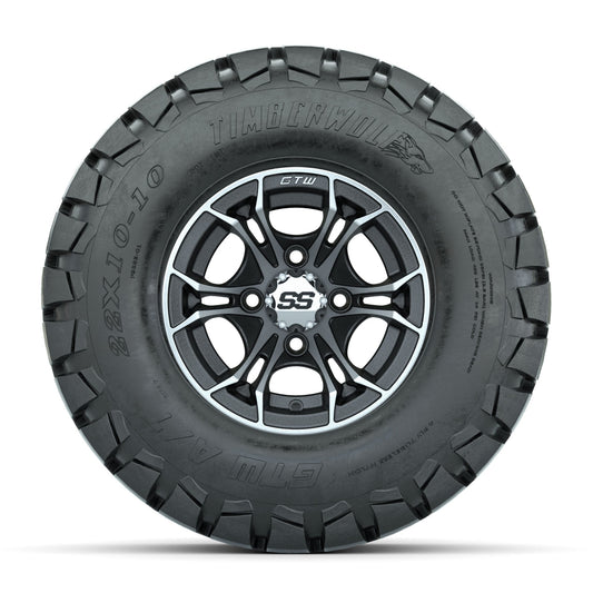 GTW Spyder Machined/Matte Grey 10 in Wheels with 22x10-10 Timberwolf All Terrain Tires Full Set