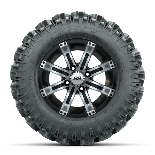 12" GTW Tempest Black and Machined Wheels with 23" Raptor Mud Tires Set of 4