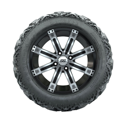 14" GTW Tempest Black and Machined Wheels with 23" Barrage Mud Tires Set of 4