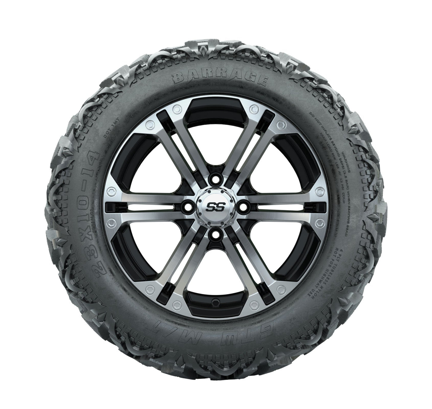 14" GTW Specter Black and Machined Wheels with 23" Barrage Mud Tires Set of 4