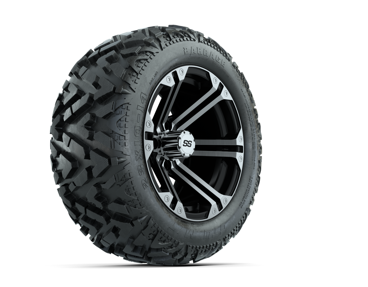 14" GTW Specter Black and Machined Wheels with 23" Barrage Mud Tires Set of 4
