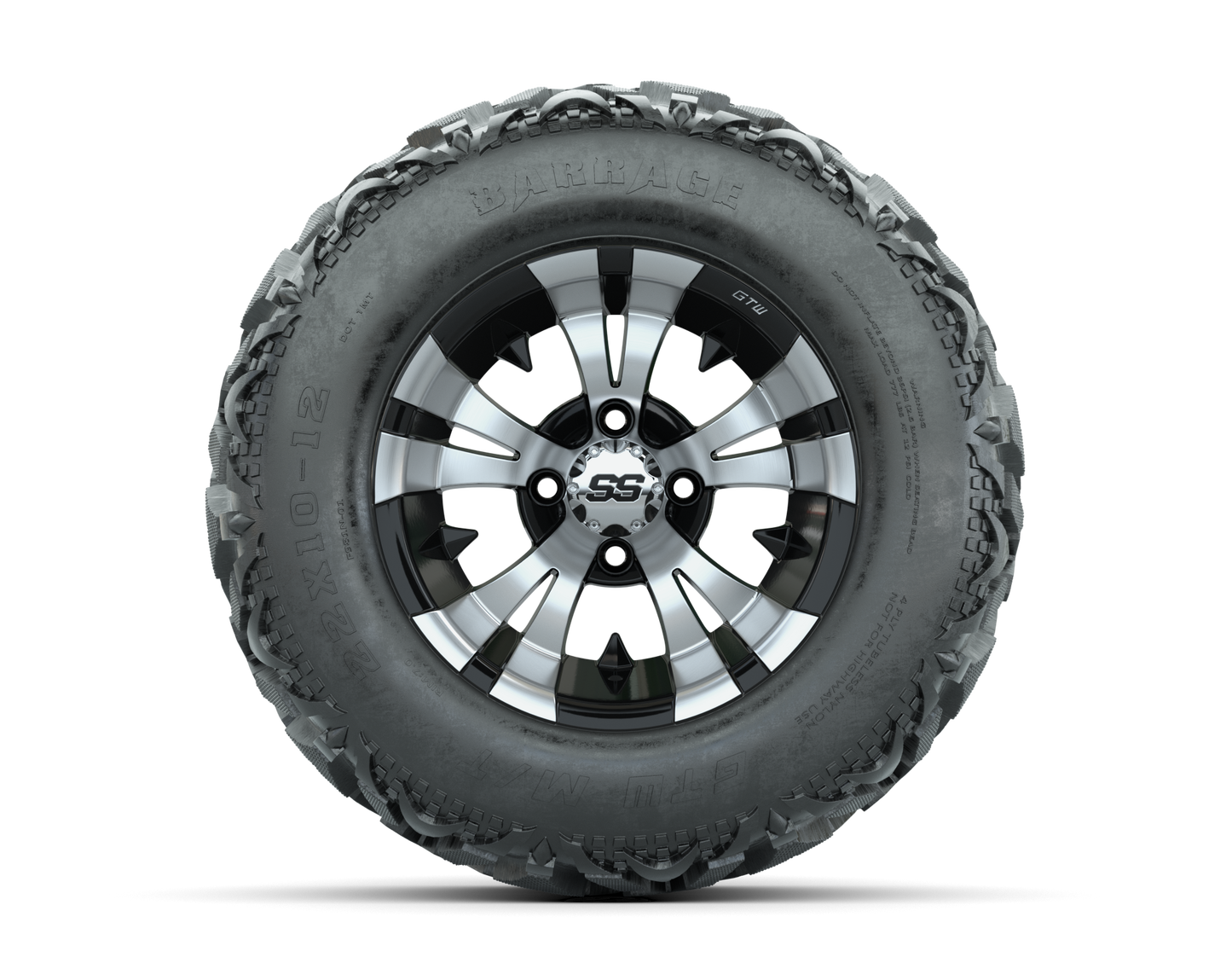 12" GTW Vampire Black and Machined Wheels with 23" Barrage Mud Tires Set of 4