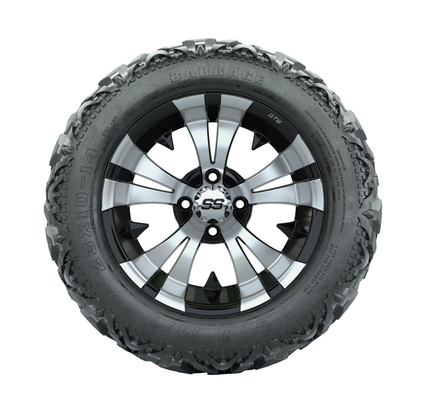 14" GTW Vampire Black and Machined Wheels with 23" Barrage Mud Tires Set of 4
