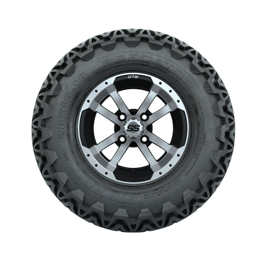 Set of 4 GTW 10in Storm Trooper Black and Machined Wheels with 20in Predator A-T Tires