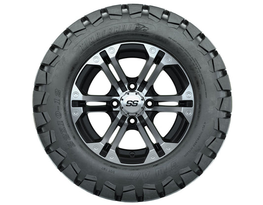 12 inch Specter Black/Machined Lifted Golf Cart Wheels on 22 inch Trail Tires-Set of 4