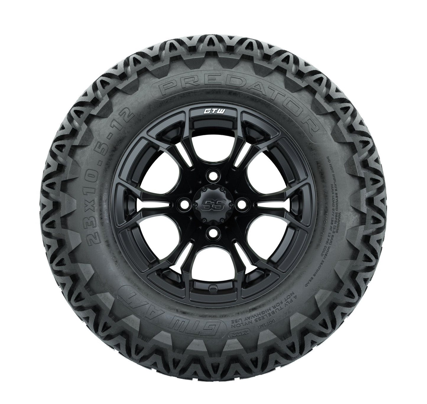 Set of 4 GTW 12in Spyder Black and Machined Wheels with 23in DOT Predator A-T Tires