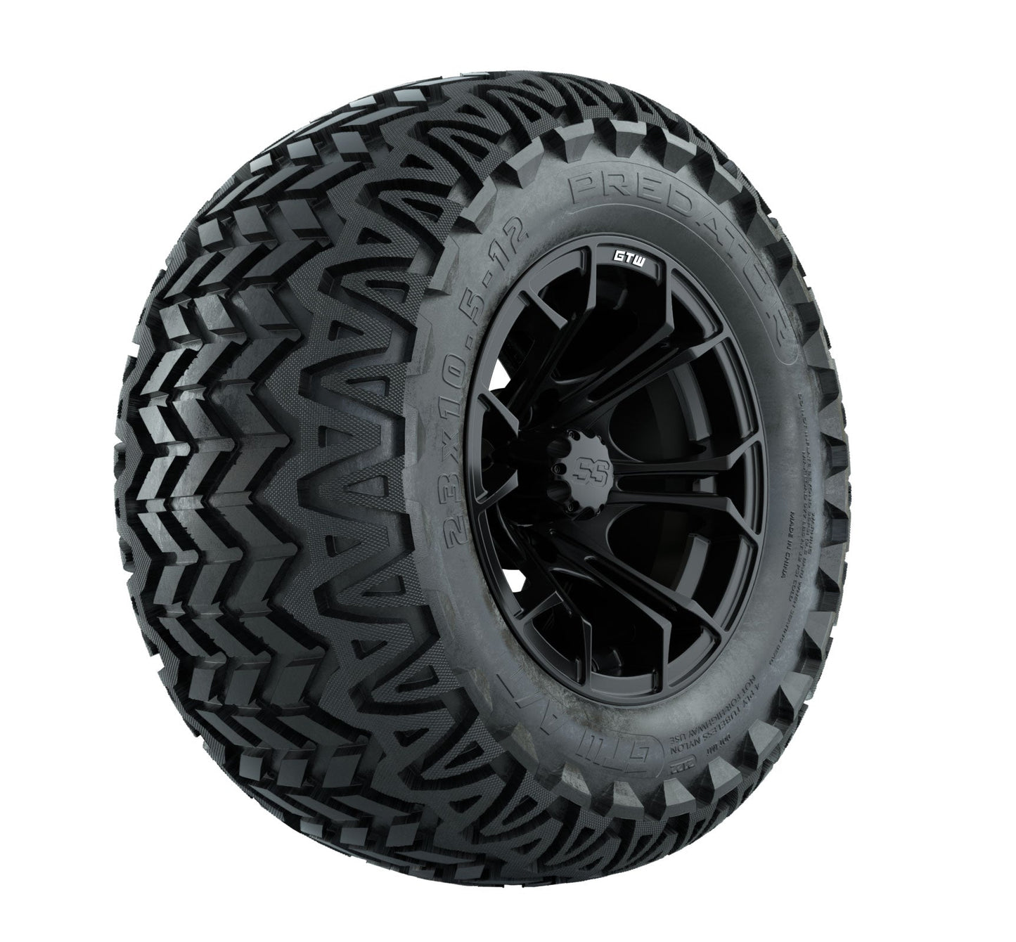 Set of 4 GTW 12in Spyder Black and Machined Wheels with 23in DOT Predator A-T Tires