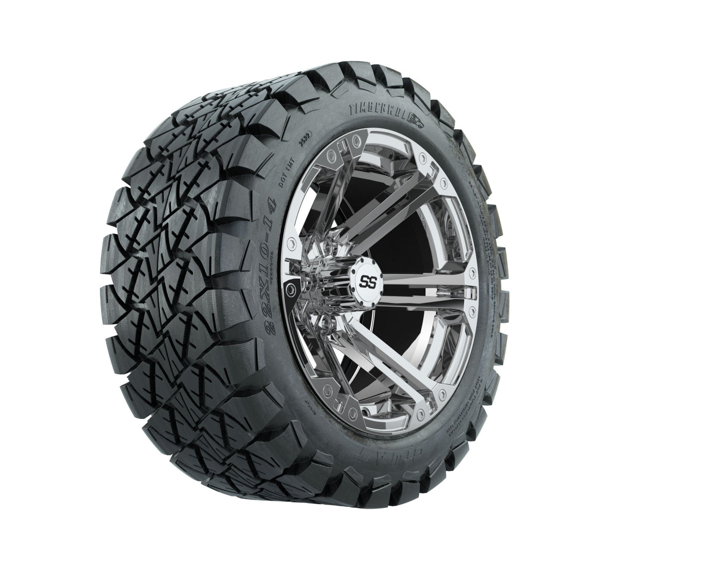GTW Specter Chrome Wheels with 22in Timberwolf Mud Tires - 14 Inch