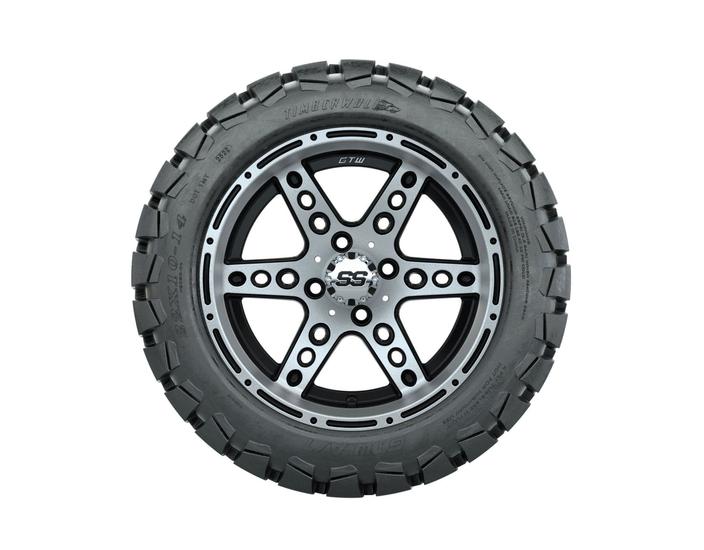 GTW Dominator Black and Machined Wheels with 22in Timberwolf Mud Tires - 14 Inch
