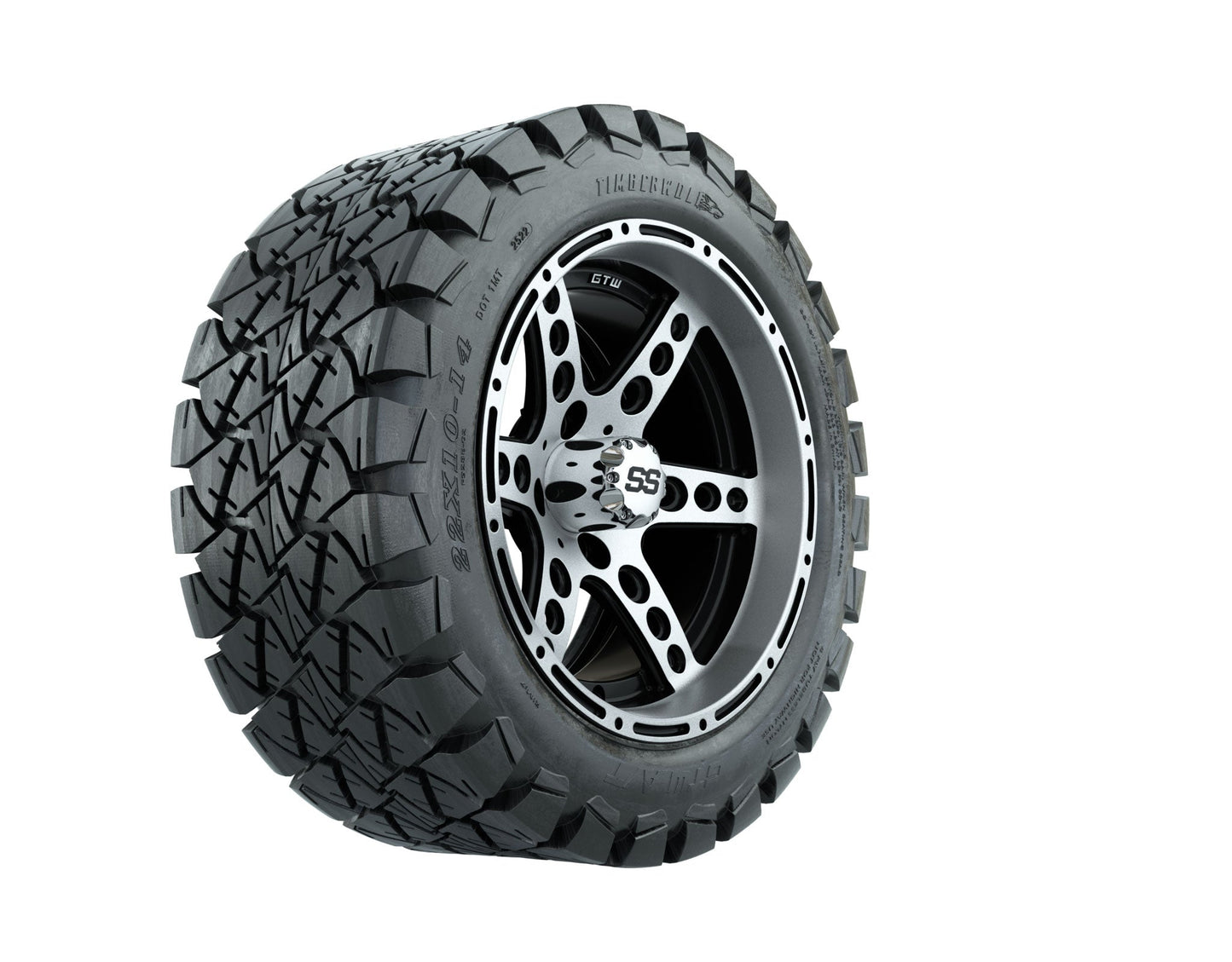GTW Dominator Black and Machined Wheels with 22in Timberwolf Mud Tires - 14 Inch
