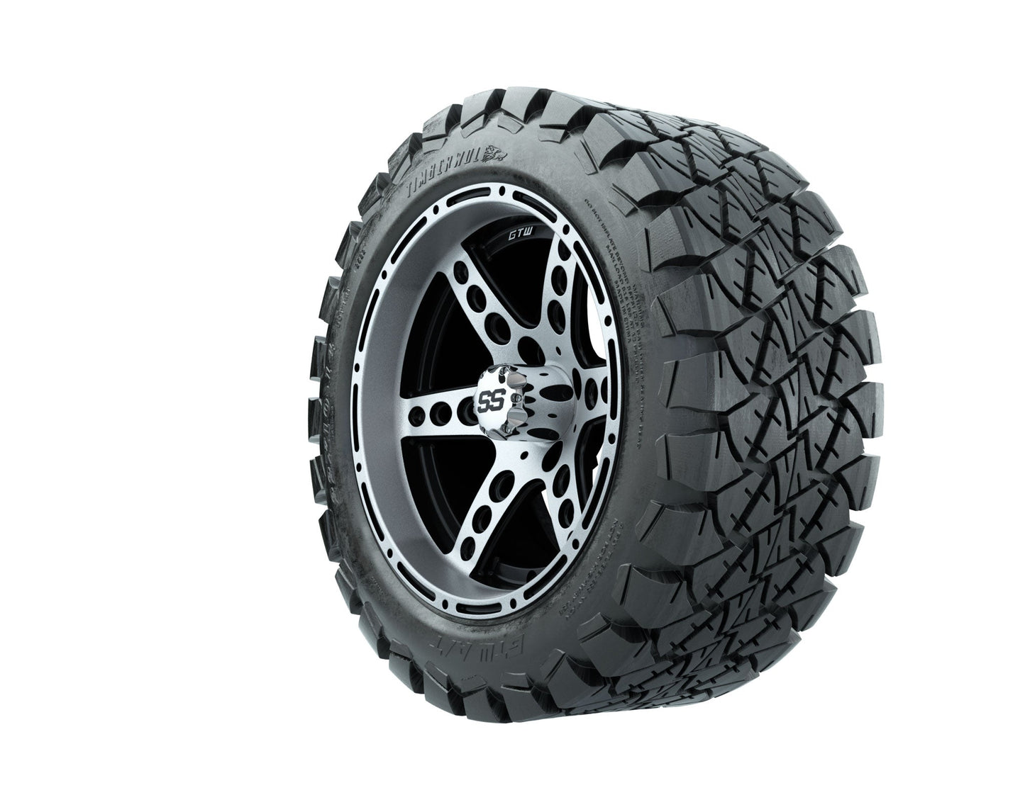 GTW Dominator Black and Machined Wheels with 22in Timberwolf Mud Tires - 14 Inch