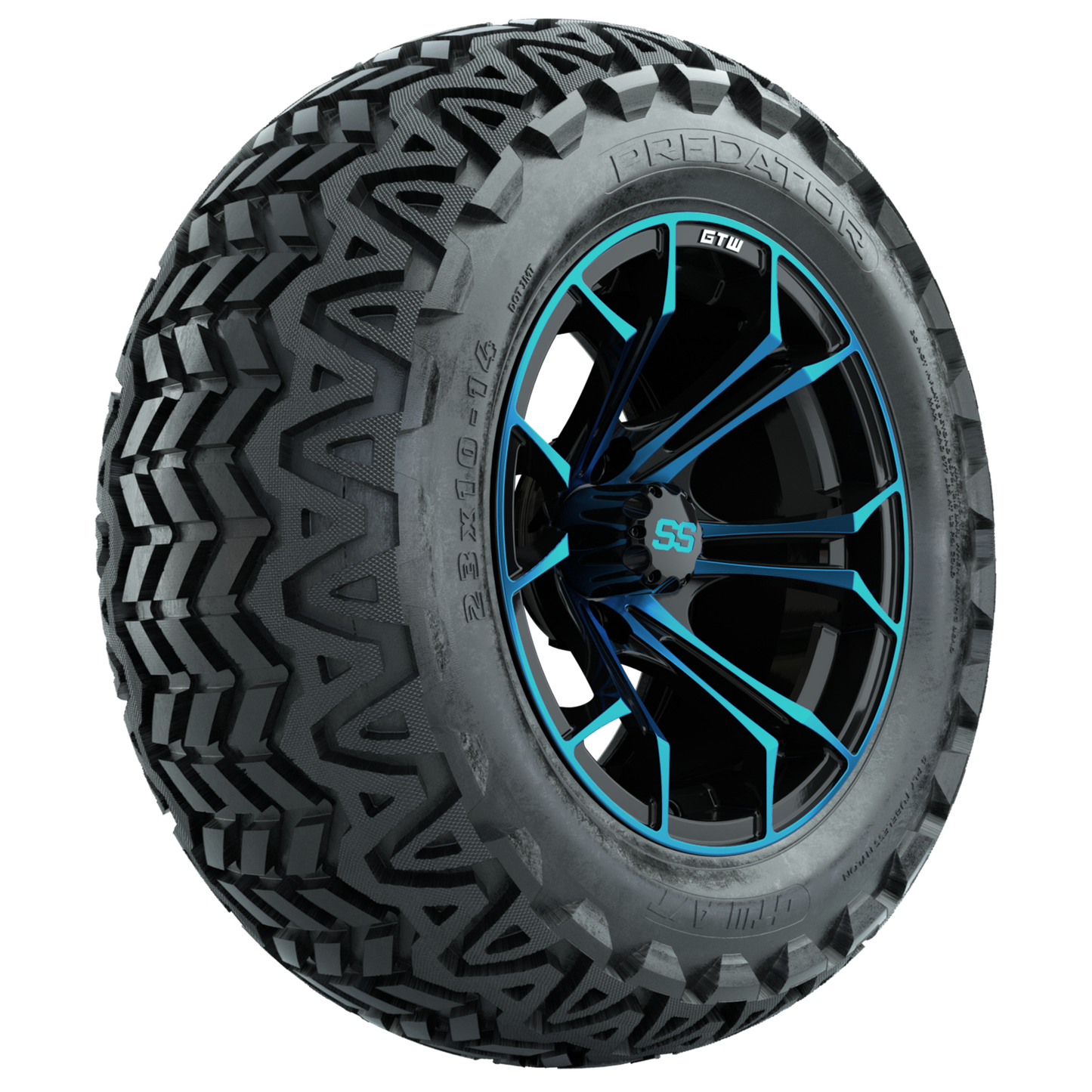 GTW Spyder Blue/Black 14 in Wheels with 23x10-14 GTW Predator All-Terrain Tires Full Set