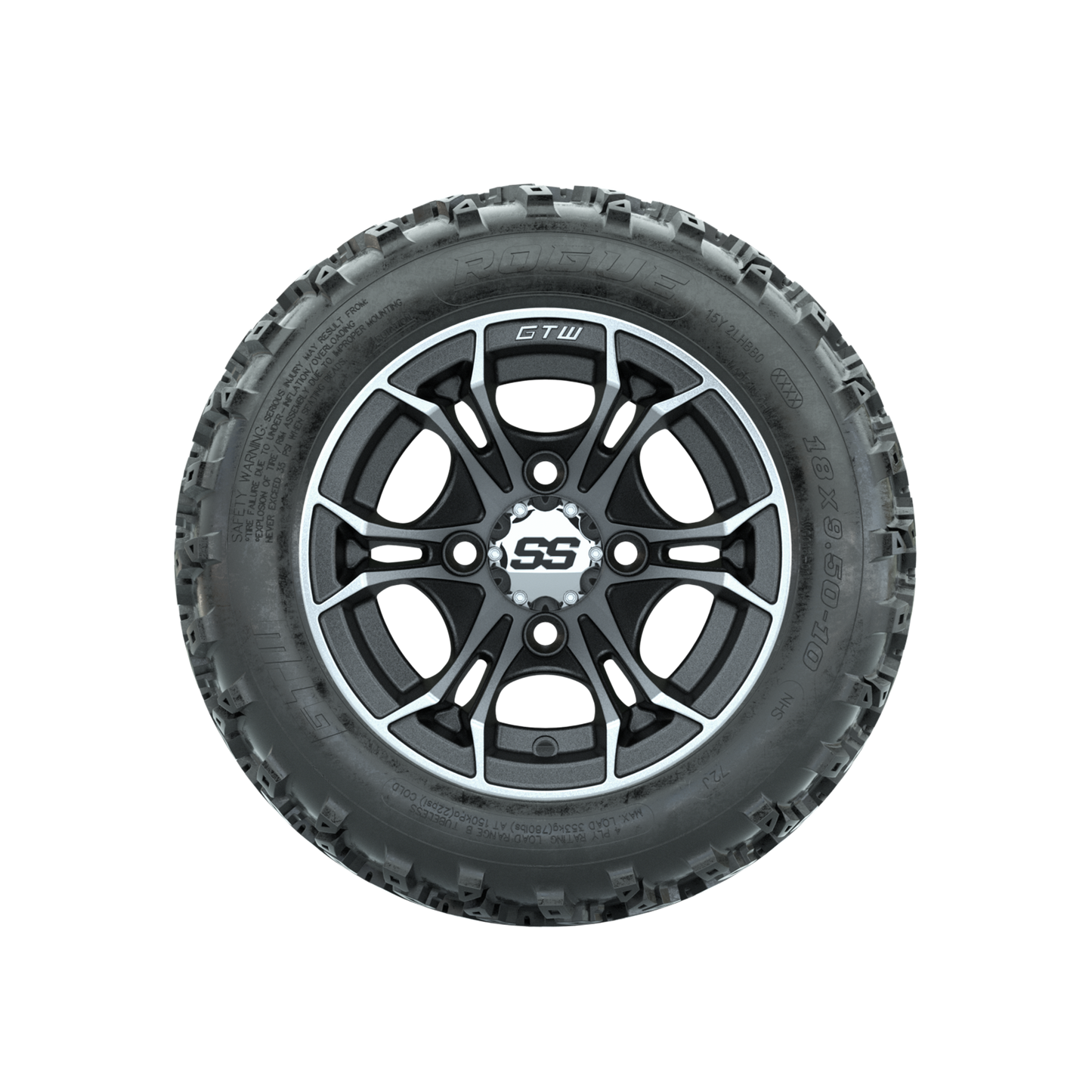 GTW Spyder Machined/Matte Grey 10 in Wheels with 18x9.50-10 Rogue All Terrain Tires Full Set