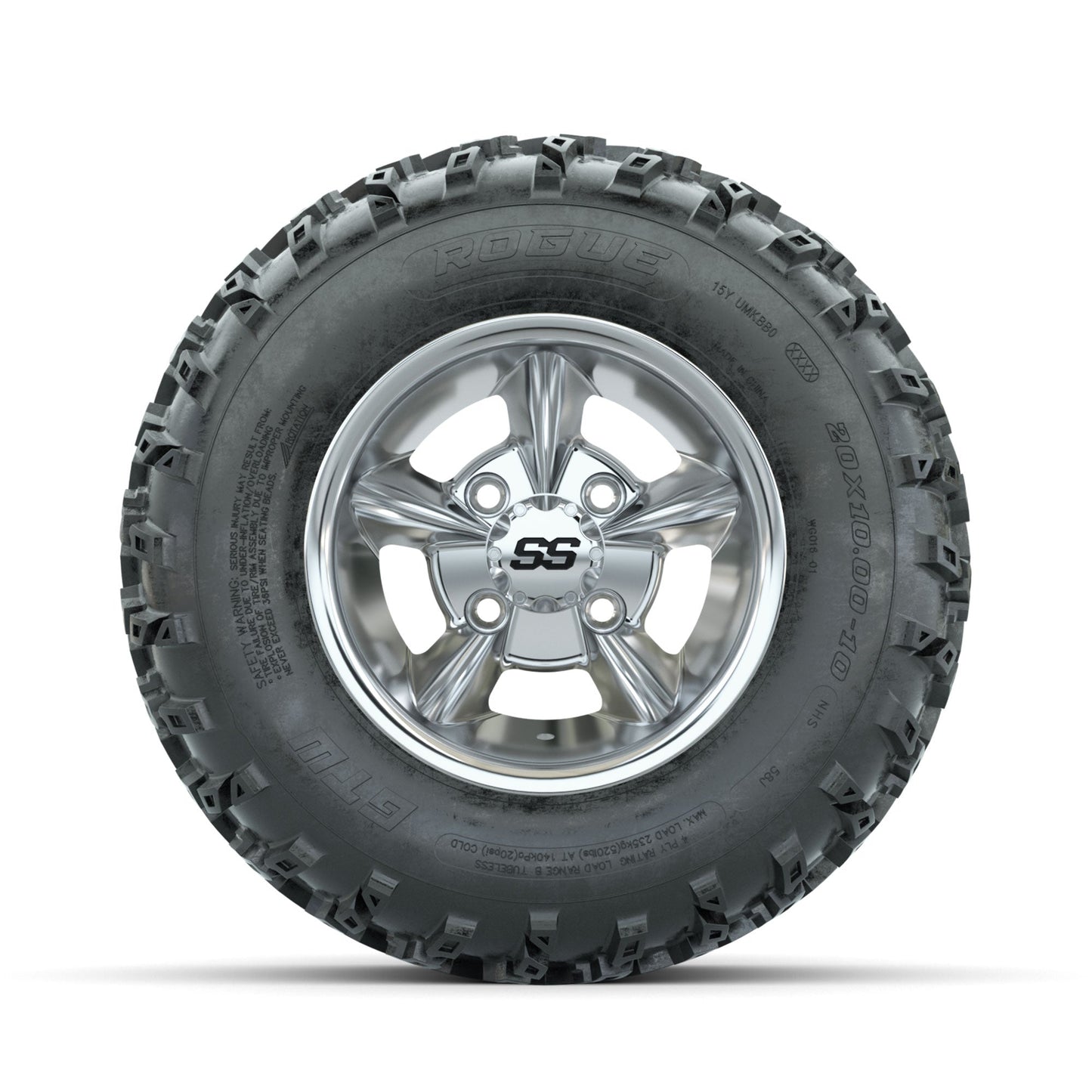 GTW Godfather Chrome 10 in Wheels with 20x10.00-10 Rogue All Terrain Tires Full Set