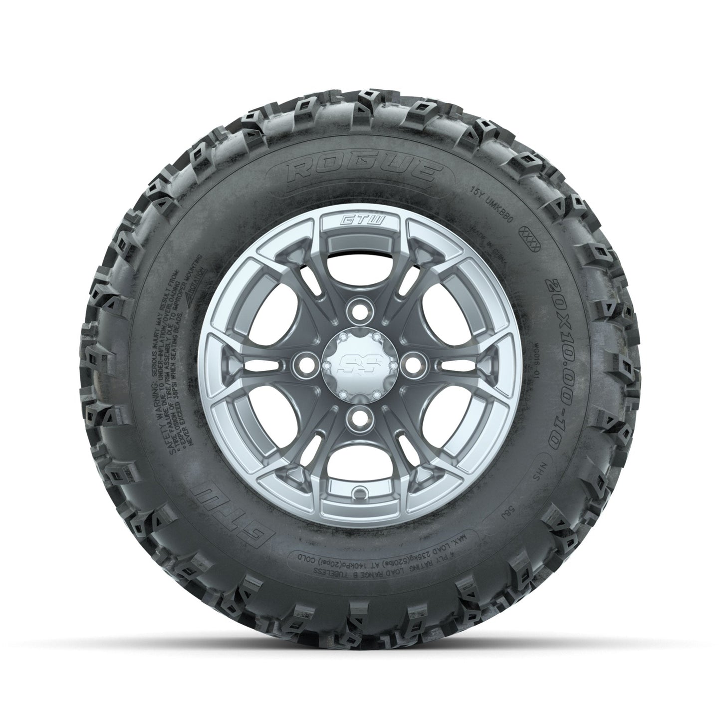 GTW Spyder Silver 10 in Wheels with 20x10.00-10 Rogue All Terrain Tires Full Set