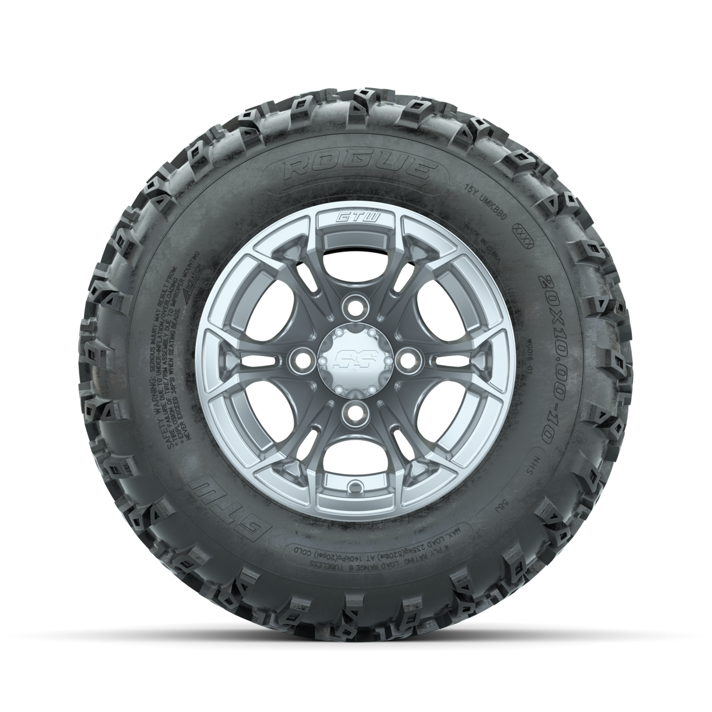 GTW Spyder Silver 10 in Wheels with 20x10.00-10 Rogue All Terrain Tires Full Set